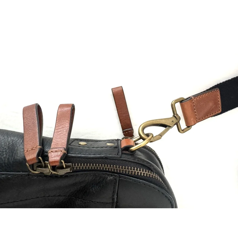Fossil Defender Briefcase Black Leather Top Handles Crossbody Strap Double Zip